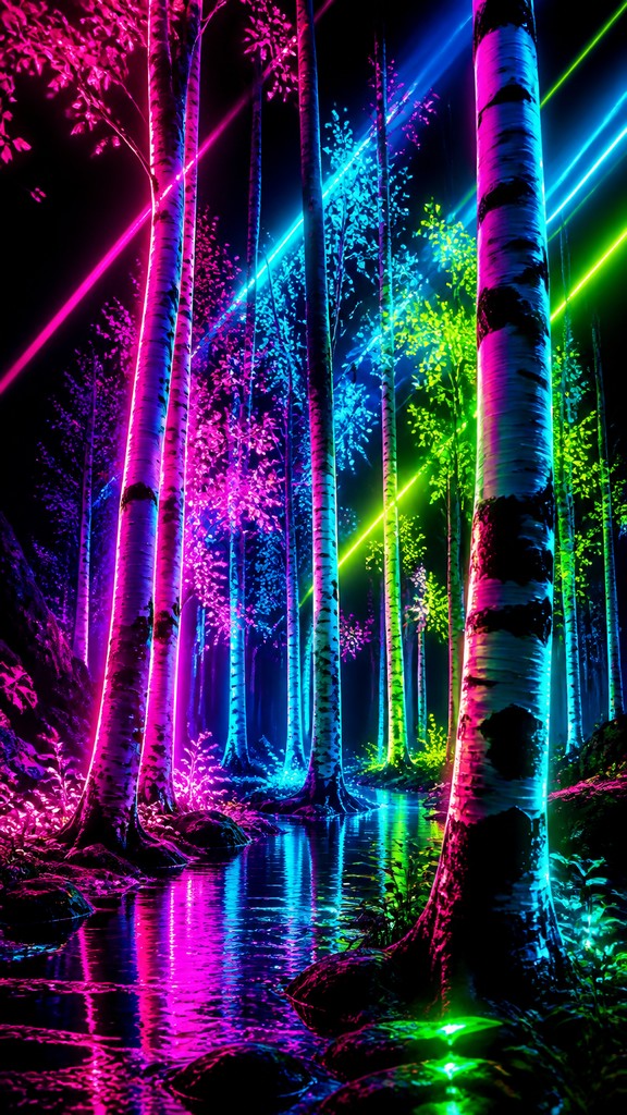 a serene birch forest in soft morning light, no people, no text — Neon Pop Art Style wall art print
