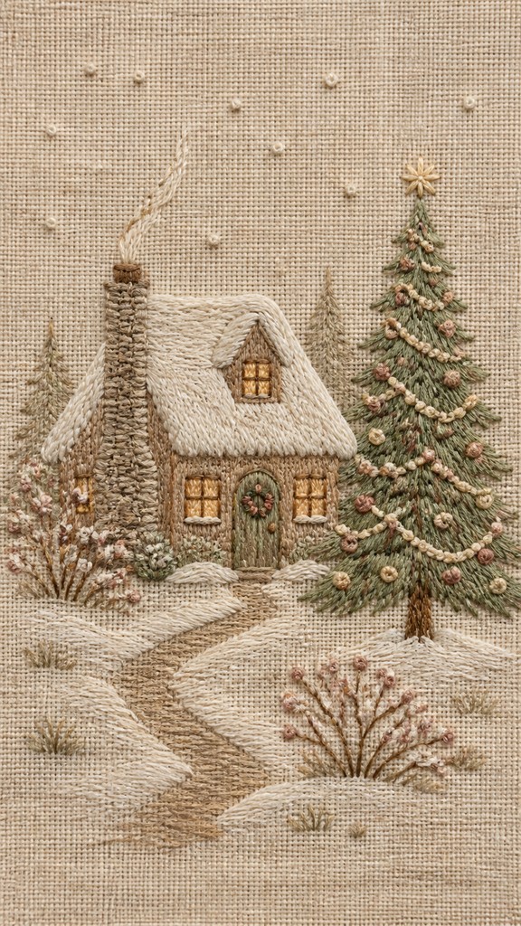 a snow-covered cottage with warm glowing windows beside a decorated pine tree, gentle snowfall, no text — Hand Embroidery Illustration / Textile Art Christmas card