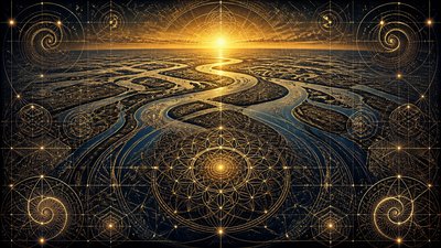 a wide river delta seen from above at sunset, no people — Sacred Geometric Art wallpaper