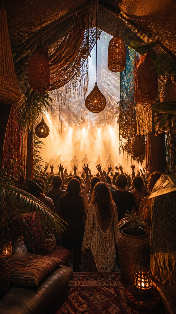 a live music scene with a glowing stage and silhouetted crowd, energetic vertical composition with open space at the top, no text — Bohemian Interior Design flyer