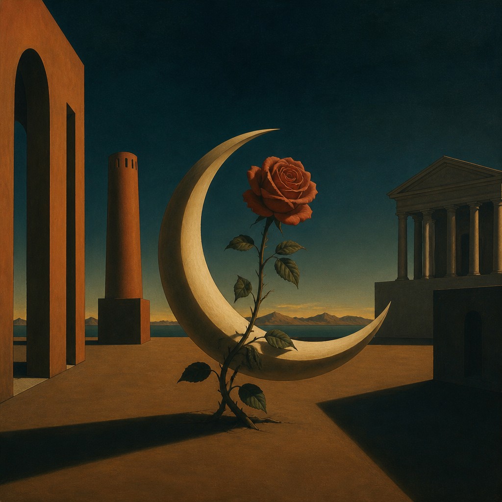 a rose entwined with a crescent moon, clean balanced composition on a plain background, no text — Metaphysical Painting Art Style tattoo design