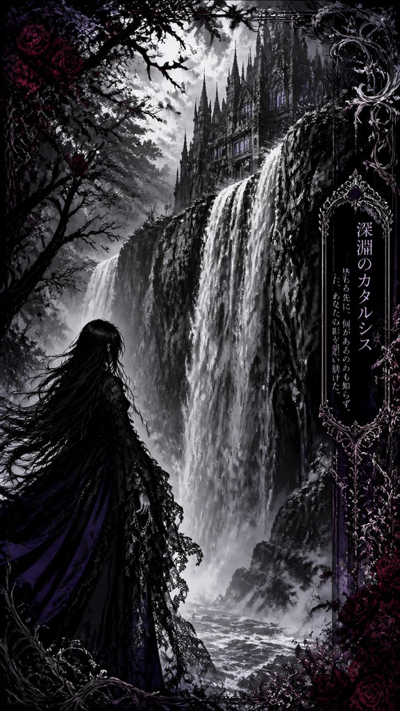 towering waterfall cascading down a cliff — Dark Gothic Anime Art Style