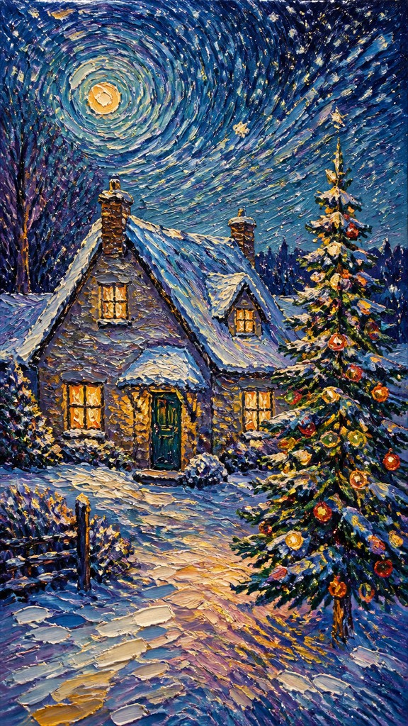a snow-covered cottage with warm glowing windows beside a decorated pine tree, gentle snowfall, no text — Post-Impressionism Art Style Christmas card