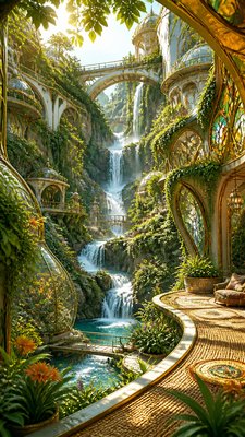 a cascading waterfall in a lush green gorge, no people — Solarpunk Aesthetic wallpaper