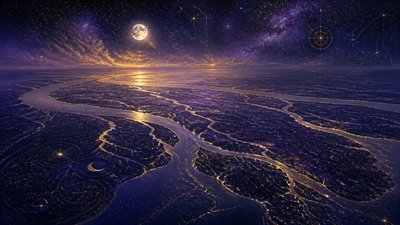 a wide river delta seen from above at sunset, no people — Celestial Aesthetic wallpaper