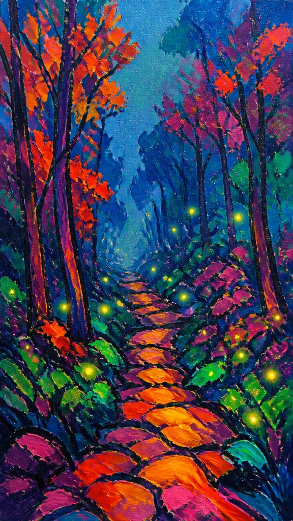 a mysterious forest path with fireflies and drifting mist, atmospheric vertical composition with open space at the top, no text — Fauvism Art Style book cover