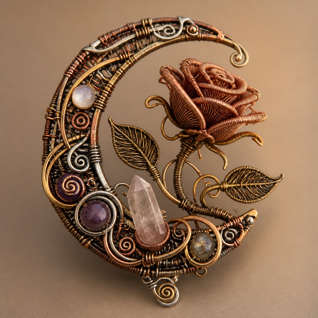 a rose entwined with a crescent moon, clean balanced composition on a plain background, no text — Wire-Wrapped Jewelry Style tattoo design