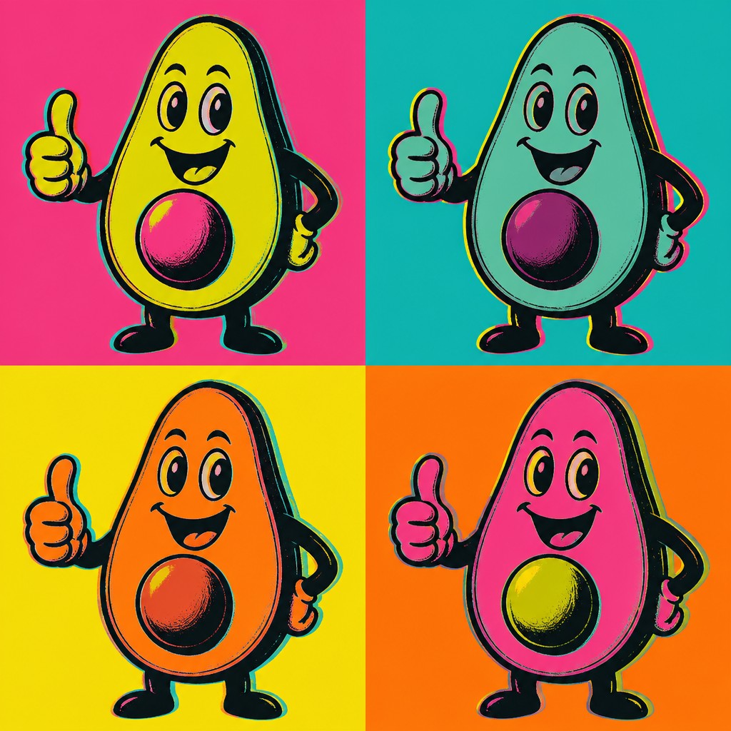 a happy avocado character giving a thumbs up, bold readable design on a plain background, no text — Celebrity Portrait Pop Art Style sticker