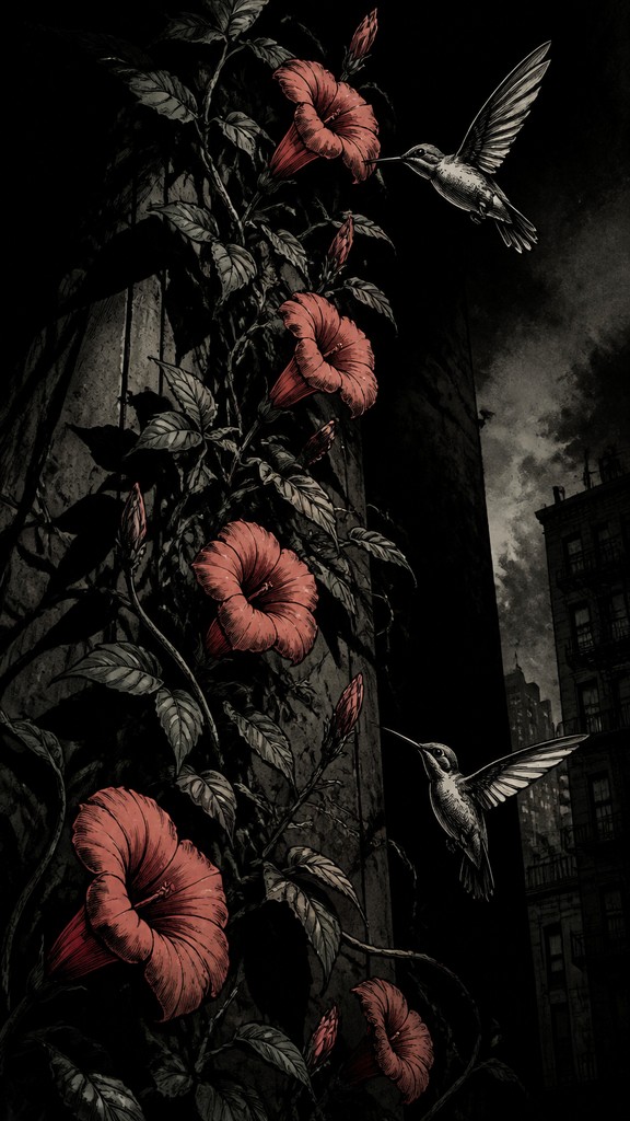 a climbing vine of flowers and hummingbirds on a dark background, tall wrapping composition, no text — Graphic Novel Art phone case design