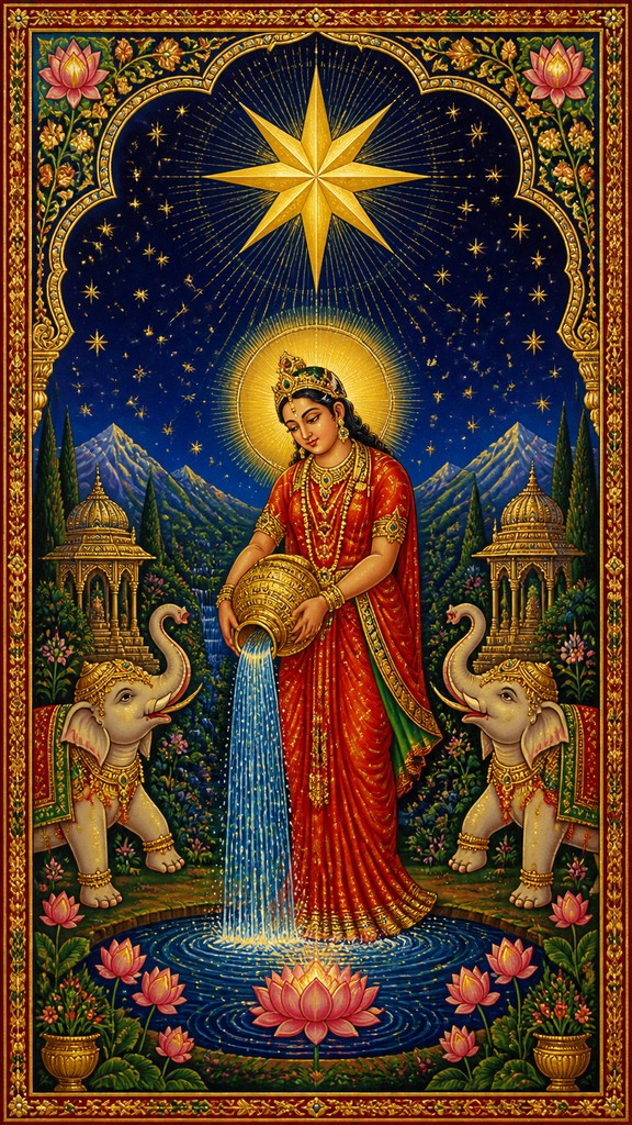 a robed figure pouring water beneath a large eight-pointed star in a night sky, symmetrical composition with an ornate decorative border, no text — Hindu Religious Art tarot card