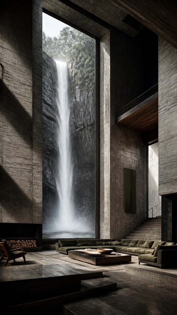 towering waterfall cascading down a cliff — Brutalist Interior Design