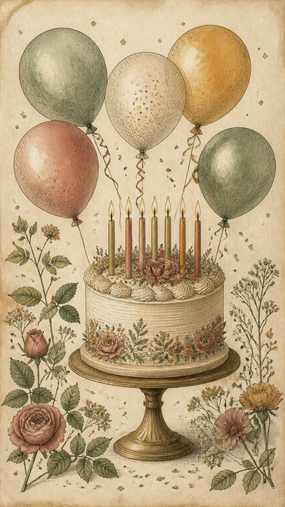 a birthday cake with lit candles surrounded by balloons and confetti, festive vertical composition, no text — Botanical Nature Art birthday card