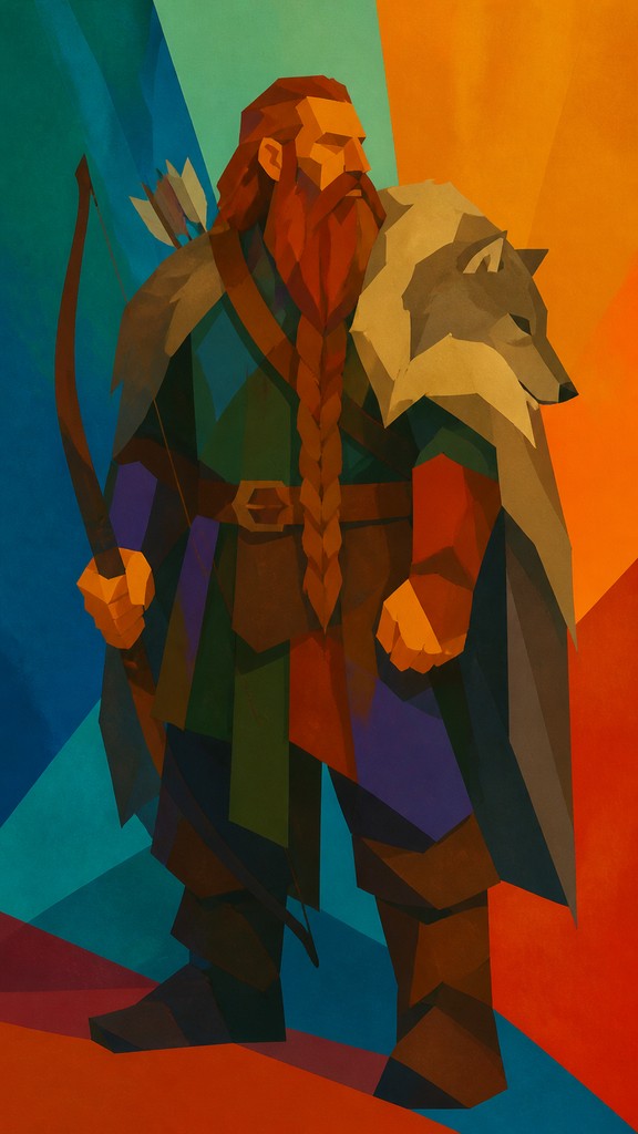 full-body original character: a dwarven ranger with a braided auburn beard, worn leather armor, a longbow and a wolf-pelt cloak, neutral background, no text — Color Field Abstract Art Style tabletop character portrait