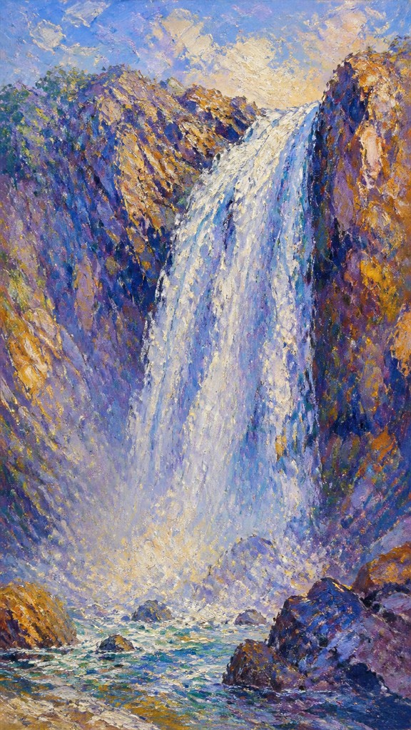 towering waterfall cascading down a cliff — Impressionist Landscape Art Style