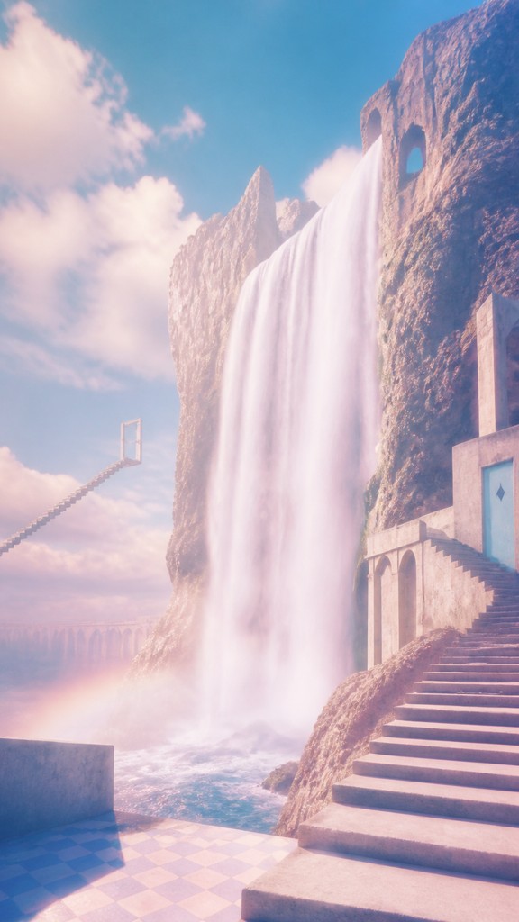 towering waterfall cascading down a cliff — Dreamcore Aesthetic