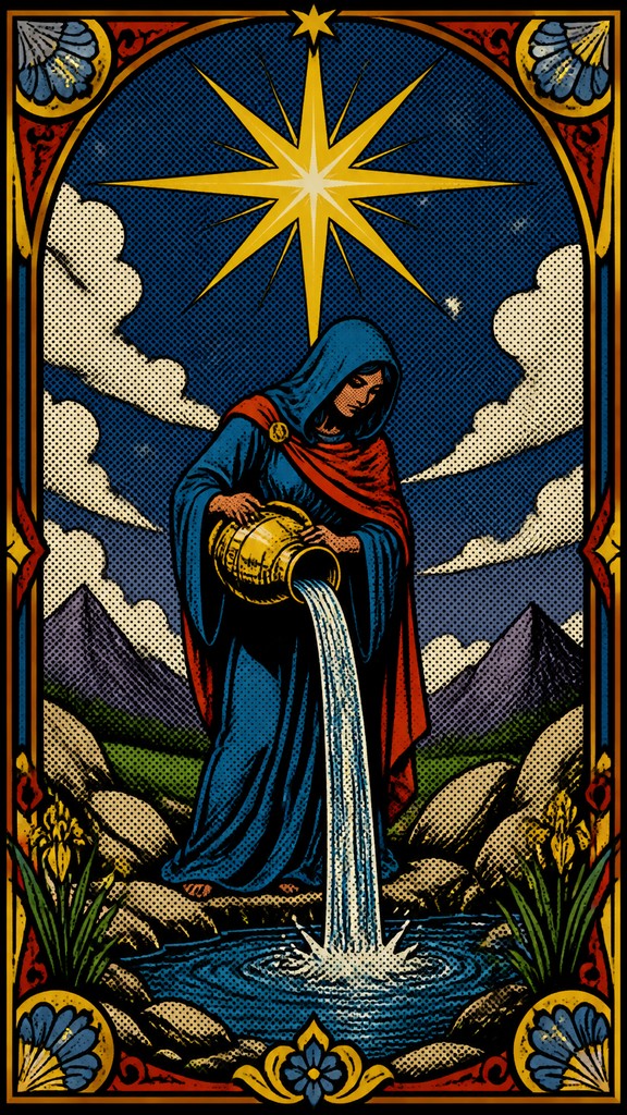 a robed figure pouring water beneath a large eight-pointed star in a night sky, symmetrical composition with an ornate decorative border, no text — Comic Book Pop Art Style tarot card