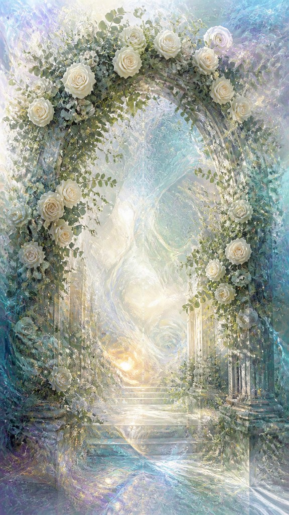an arch of white roses and eucalyptus in soft morning light, elegant vertical composition with open space, no text — Neural Network Digital Art Style wedding invitation