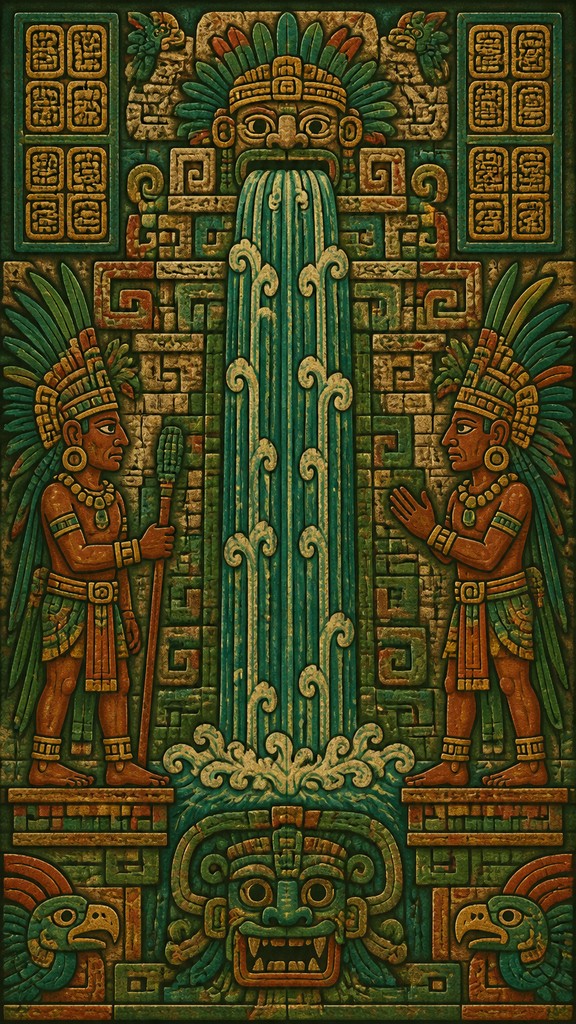 towering waterfall cascading down a cliff — Pre-Columbian Art Style