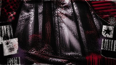 a panoramic redwood forest with light rays through mist, no people — Emo Aesthetic wallpaper