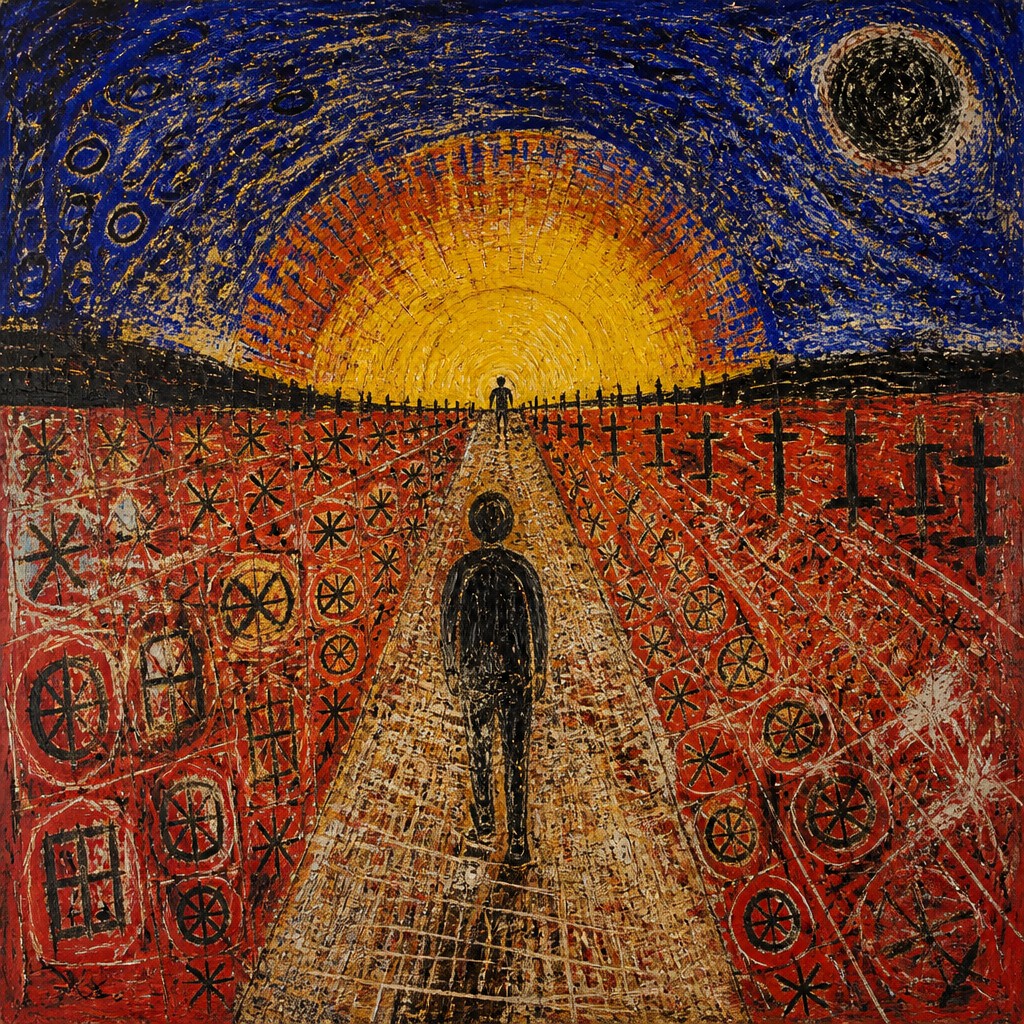 a solitary figure walking toward a glowing horizon across an empty plain, moody atmosphere, no text or lettering — Art Brut Style album cover