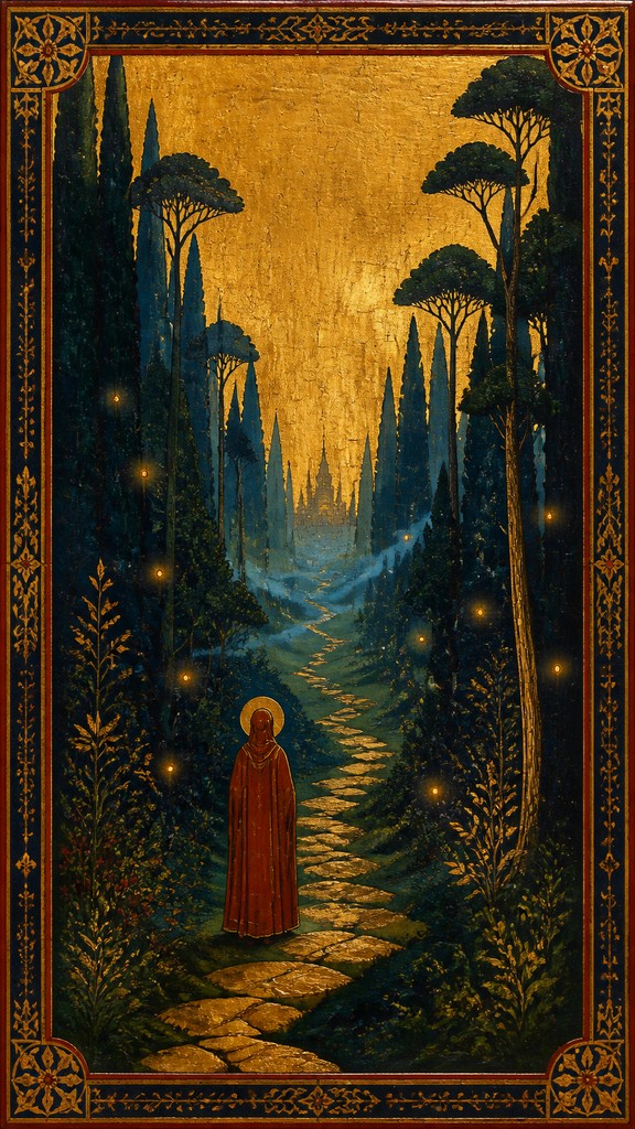 a mysterious forest path with fireflies and drifting mist, atmospheric vertical composition with open space at the top, no text — Orthodox Icon Religious Art book cover