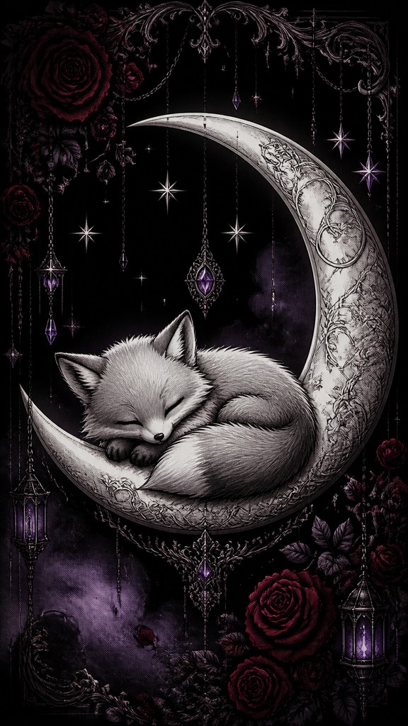 a sleeping baby fox curled on a crescent moon among soft stars, gentle and warm, no text — Dark Gothic Anime Art Style baby announcement