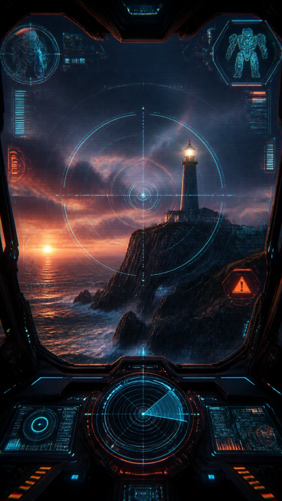 a lone lighthouse on a cliff at dusk under a dramatic sky, no text or lettering — Mecha Pilot Interface View poster