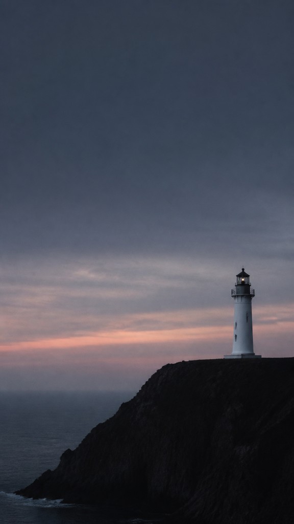 a lone lighthouse on a cliff at dusk under a dramatic sky, no text or lettering — Minimalist Photography Style poster