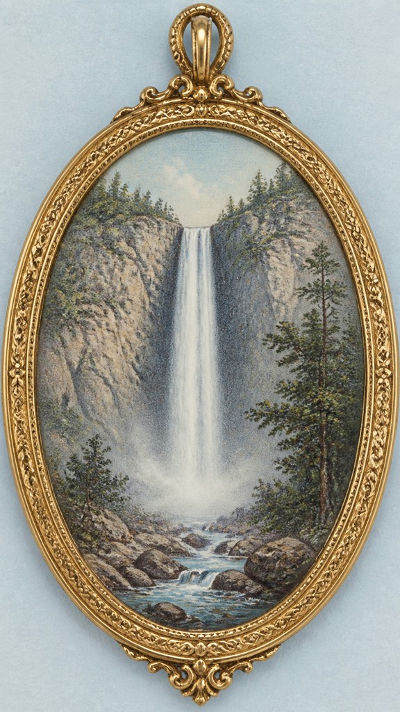 towering waterfall cascading down a cliff — Portrait Miniature Art Style