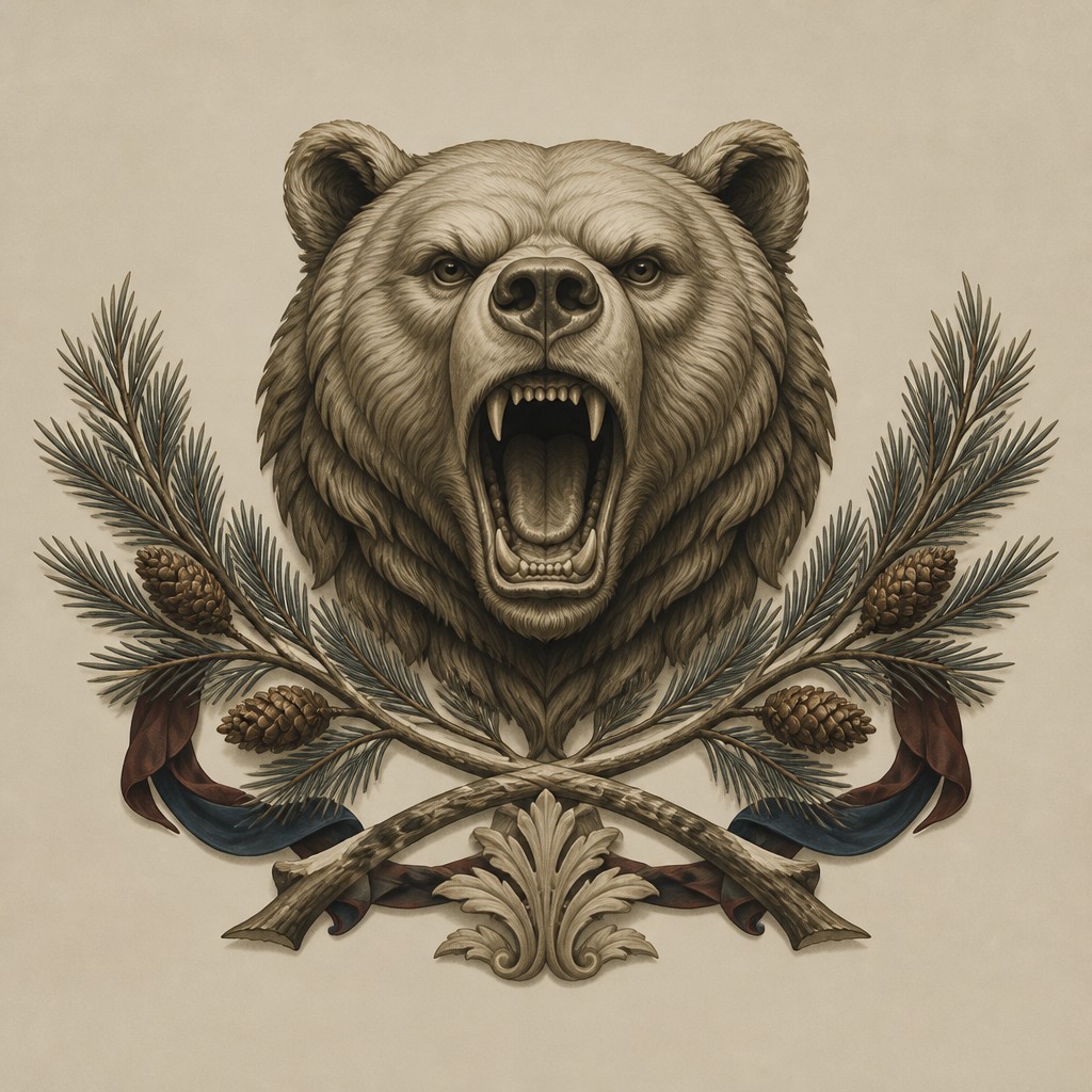 a roaring bear head above crossed pine branches, bold graphic composition on a plain background, no text — Neoclassicism Art Style t-shirt design