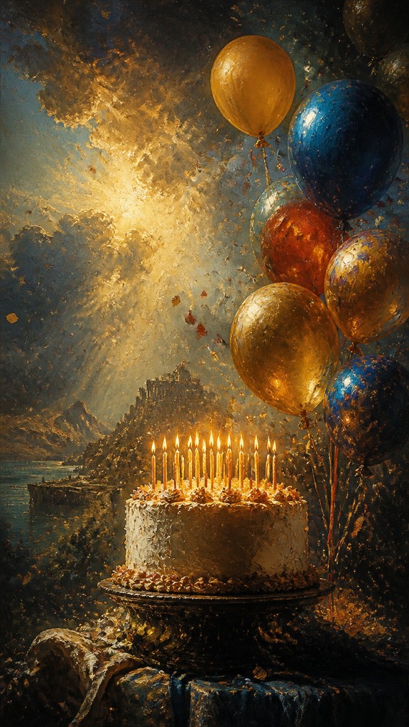 a birthday cake with lit candles surrounded by balloons and confetti, festive vertical composition, no text — Romantic Landscape Art Style birthday card
