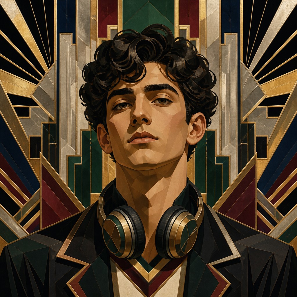 head-and-shoulders portrait of an original character: a young man with curly dark hair and headphones around his neck, plain backdrop, no text — Art Deco Architecture Art Discord profile picture