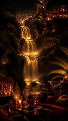 a cascading waterfall in a lush green gorge, no people — Night Luxe Aesthetic wallpaper