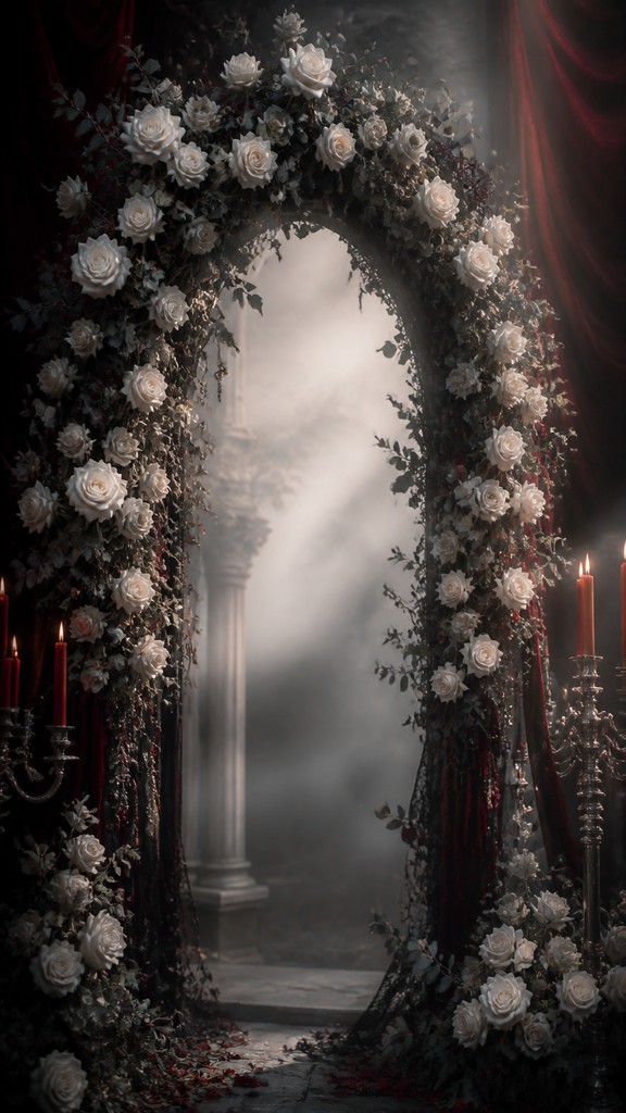 an arch of white roses and eucalyptus in soft morning light, elegant vertical composition with open space, no text — Gothic Fashion Design wedding invitation