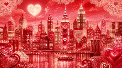 a city skyline panorama at dusk with glowing windows, no people — Lovecore Aesthetic wallpaper
