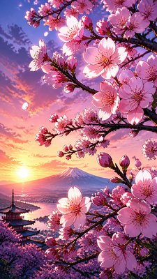 cherry blossom branches against a soft dawn sky, no people — Anime Art Style wallpaper
