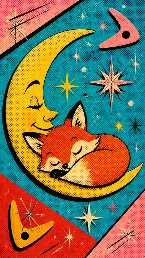 a sleeping baby fox curled on a crescent moon among soft stars, gentle and warm, no text — Retro Pop Art Style baby announcement