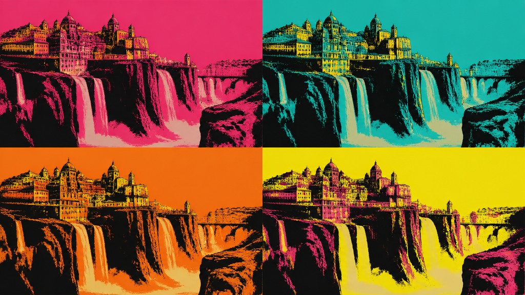 a cliffside city with waterfalls cascading into a misty canyon, wide establishing shot, no people, no text — Celebrity Portrait Pop Art Style concept art