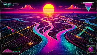 a wide river delta seen from above at sunset, no people — 80s Retro Aesthetic wallpaper