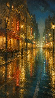 a quiet rainy city street at night reflecting neon signs, no people — Landscape Nature Art wallpaper