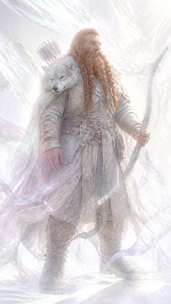 full-body original character: a dwarven ranger with a braided auburn beard, worn leather armor, a longbow and a wolf-pelt cloak, neutral background, no text — Ethereal Aesthetic tabletop character portrait