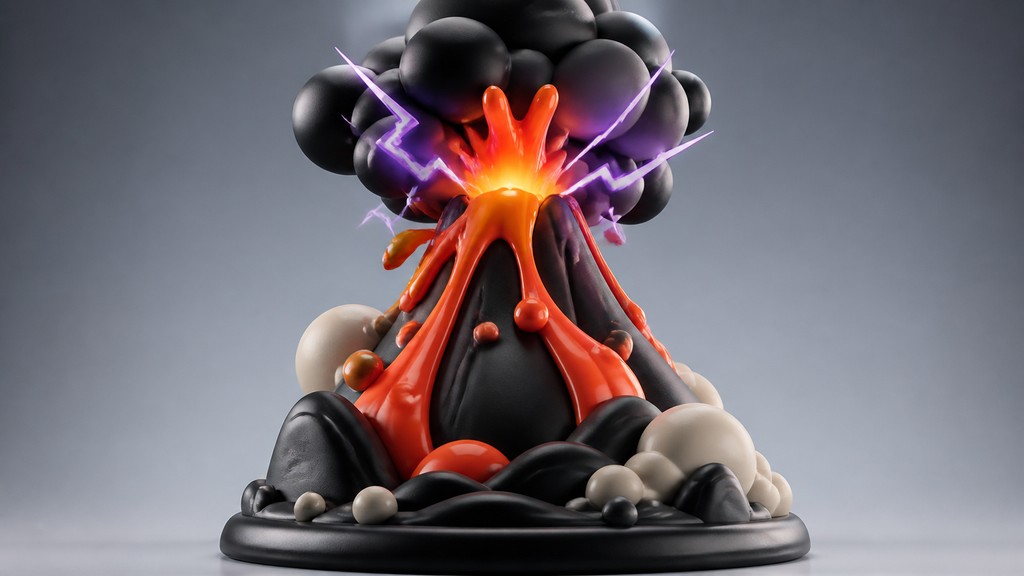 an erupting volcano with lightning strikes, dramatic wide composition, no text — Art Toy Sculpture YouTube thumbnail