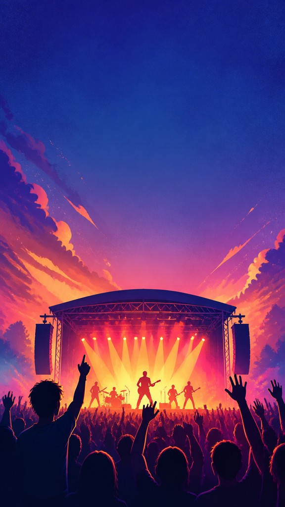 a live music scene with a glowing stage and silhouetted crowd, energetic vertical composition with open space at the top, no text — Digital Illustration Portrait Style flyer