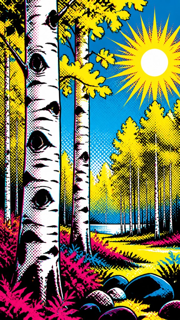 a serene birch forest in soft morning light, no people, no text — Advertisement Pop Art Style wall art print