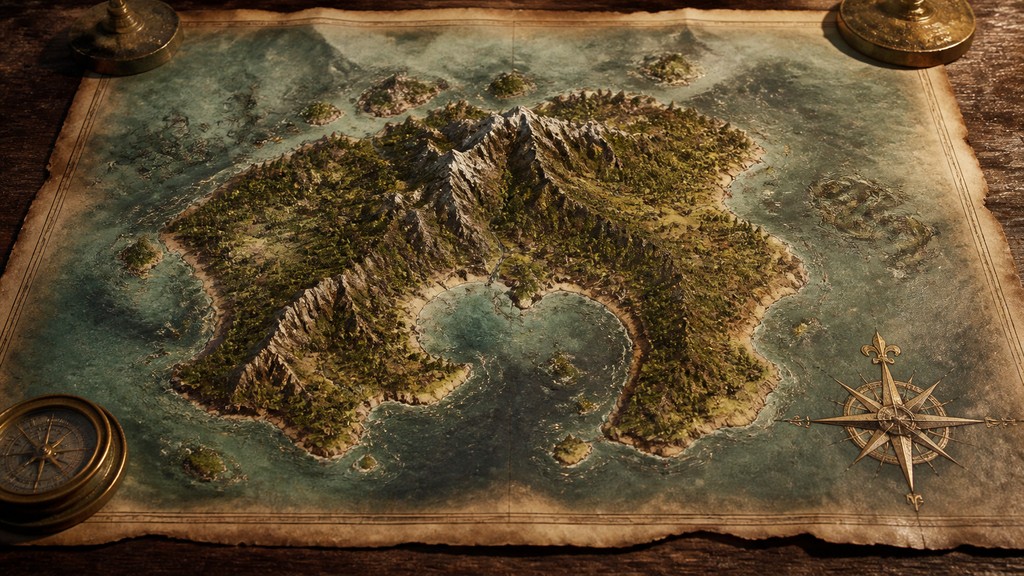 a map of an island realm with mountains, forests, a sheltered bay, sea monsters in the water and a compass rose, no text labels — Hyperrealistic Portrait Art Style fantasy map