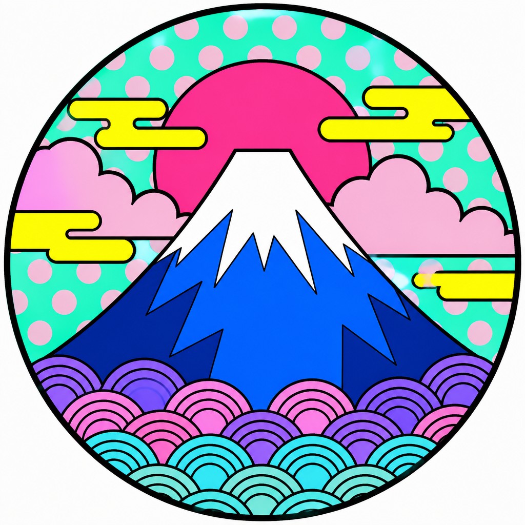 an emblem of a mountain peak inside a circle, simple bold shapes on a plain background, no text or lettering — Superflat Art Style logo concept