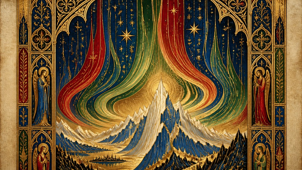 a flowing aurora over snowy peaks, wide sweeping composition, no people, no text — Gothic Religious Art banner