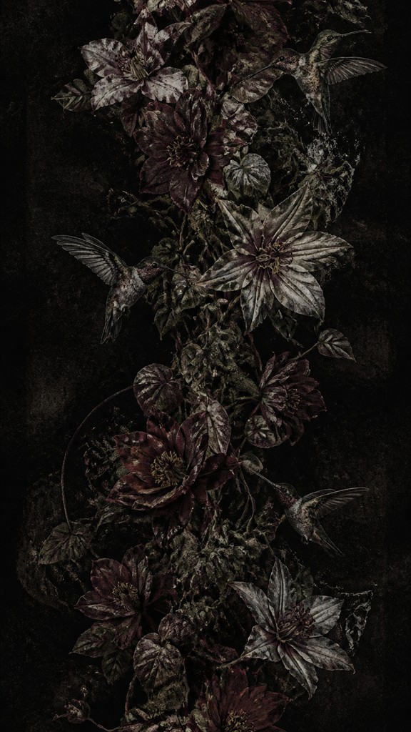 a climbing vine of flowers and hummingbirds on a dark background, tall wrapping composition, no text — Grunge Fashion Style phone case design