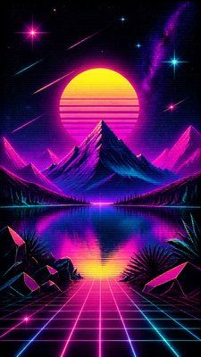 a tranquil mountain lake beneath a starry night sky, no people, no text — 80s Retro Aesthetic wallpaper