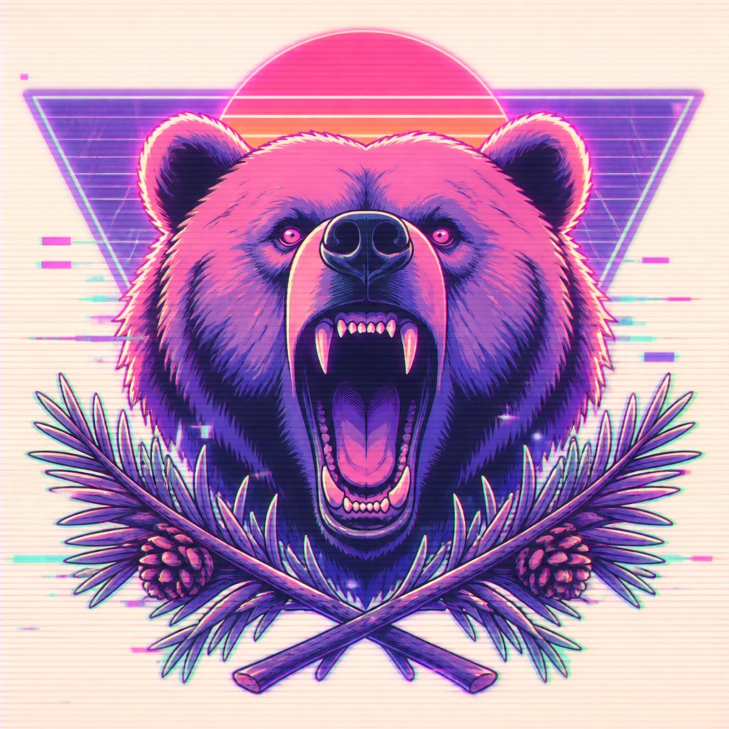 a roaring bear head above crossed pine branches, bold graphic composition on a plain background, no text — Vaporwave Anime Aesthetic t-shirt design